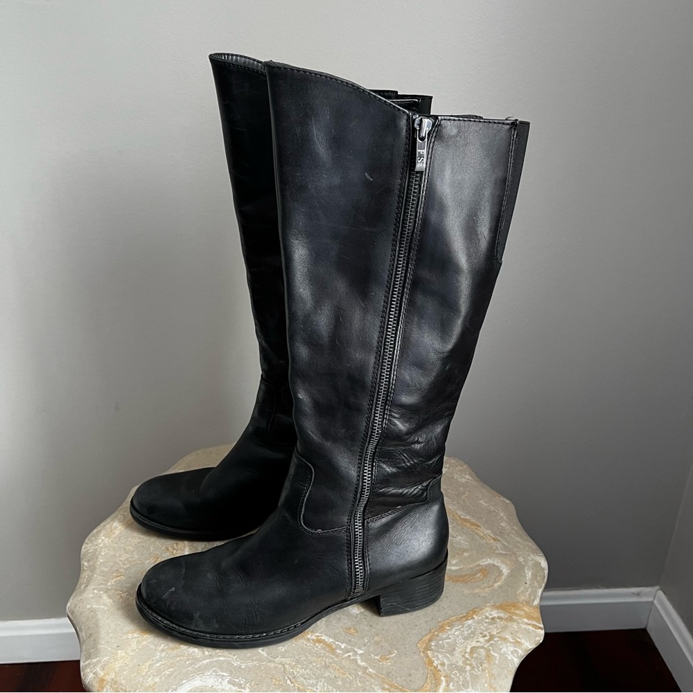 Franco Sarto Leather Women’s 8 Cecelia Black Boots Knee High Riding Side Zipper